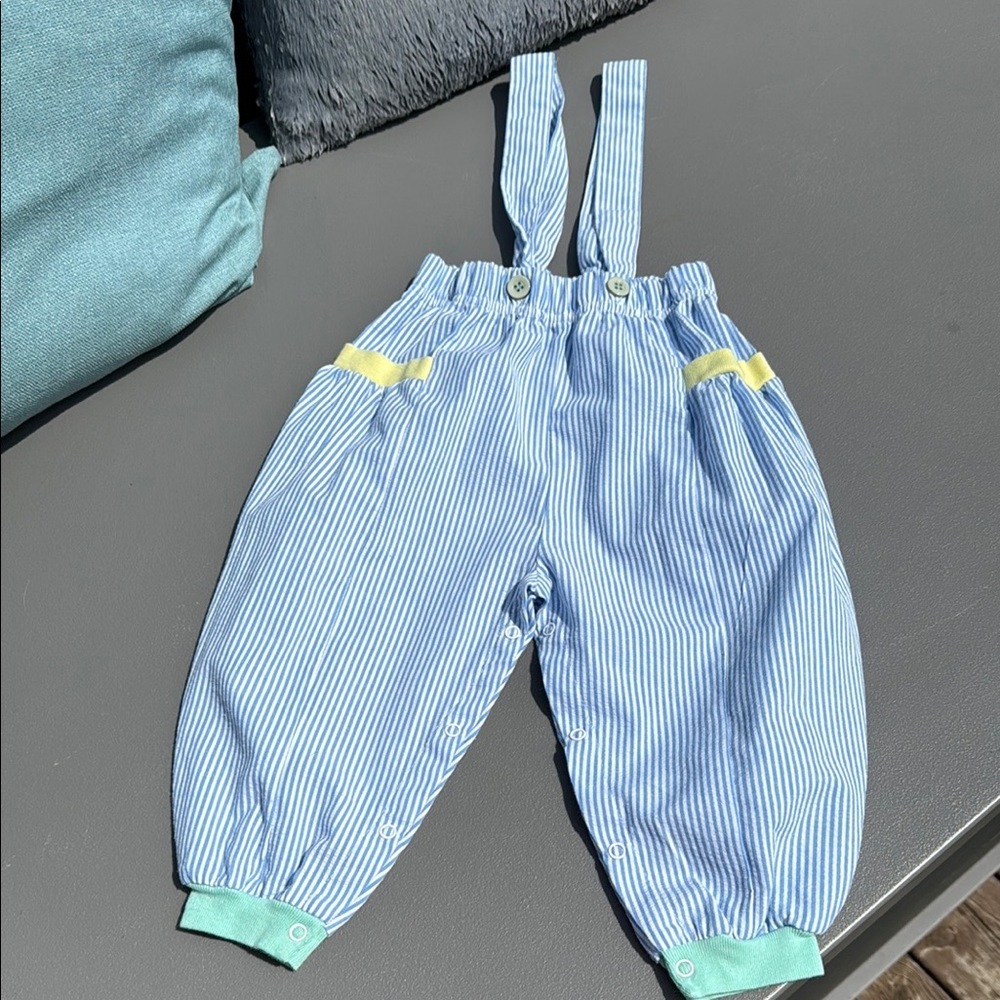 🧡18m VTG 1980s “baby bell” Striped Blue Kids Overalls/romper pastel,yellow,green